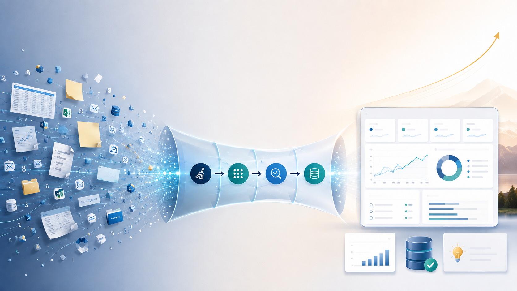 Scattered programme information flowing through analysis into clear dashboards and useful evidence